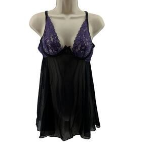 Babydoll Lingerie Set Sheer Black Purple Lace Matching G String Panty Medium
